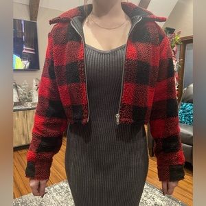 Forever21 Plaid Flannel Fleece Cropped Jacket Lumberjack Check Size M